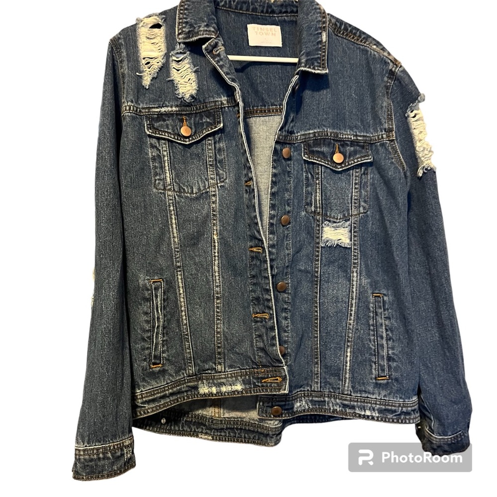 Tincel Town heavily distressed denim dark wash jacket women’s size large